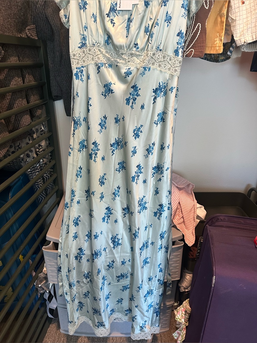Reformation Blue Floral Maxi Dress with Lace Trim